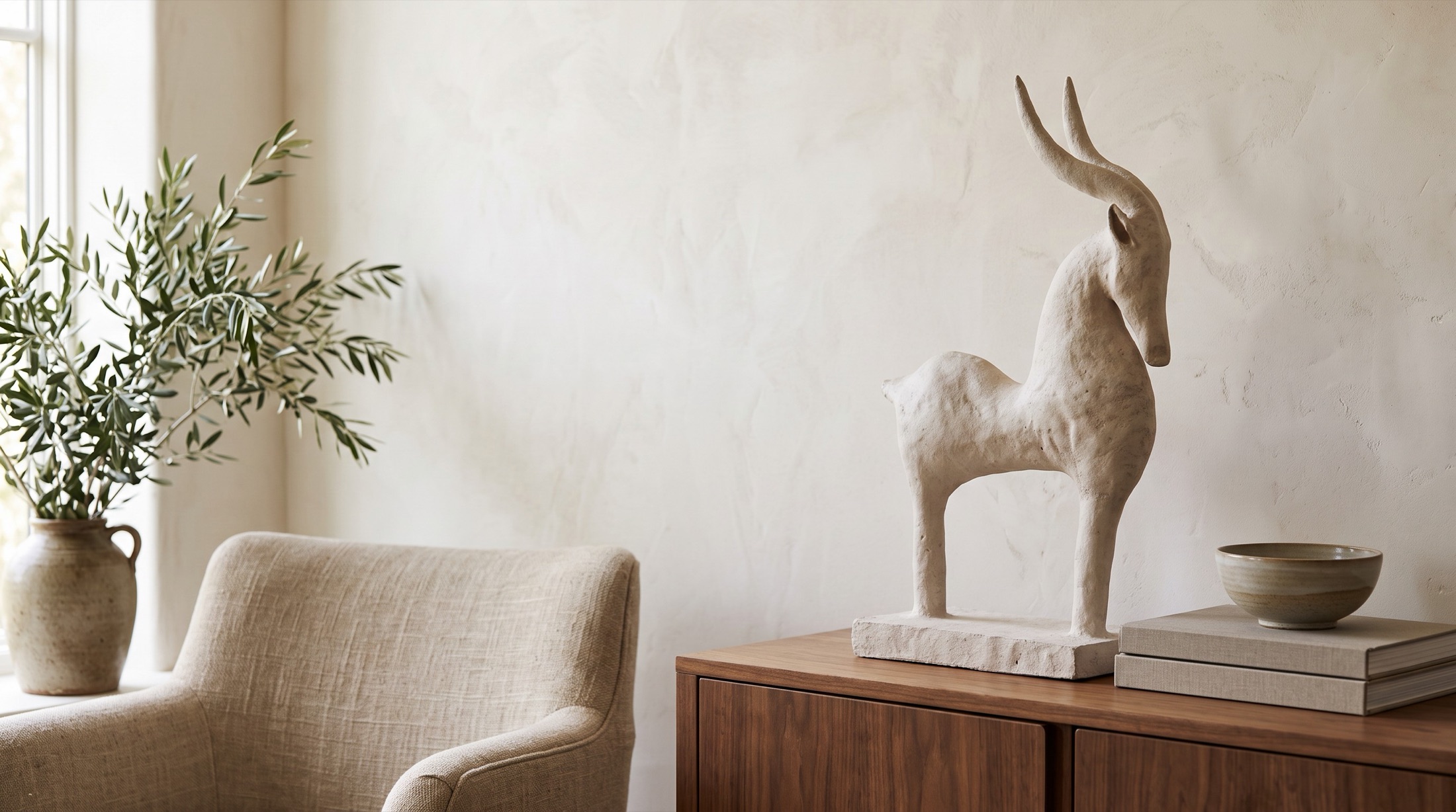 White papier-mâché ibex sculpture by Maryam Darapour on a walnut sideboard in a living room