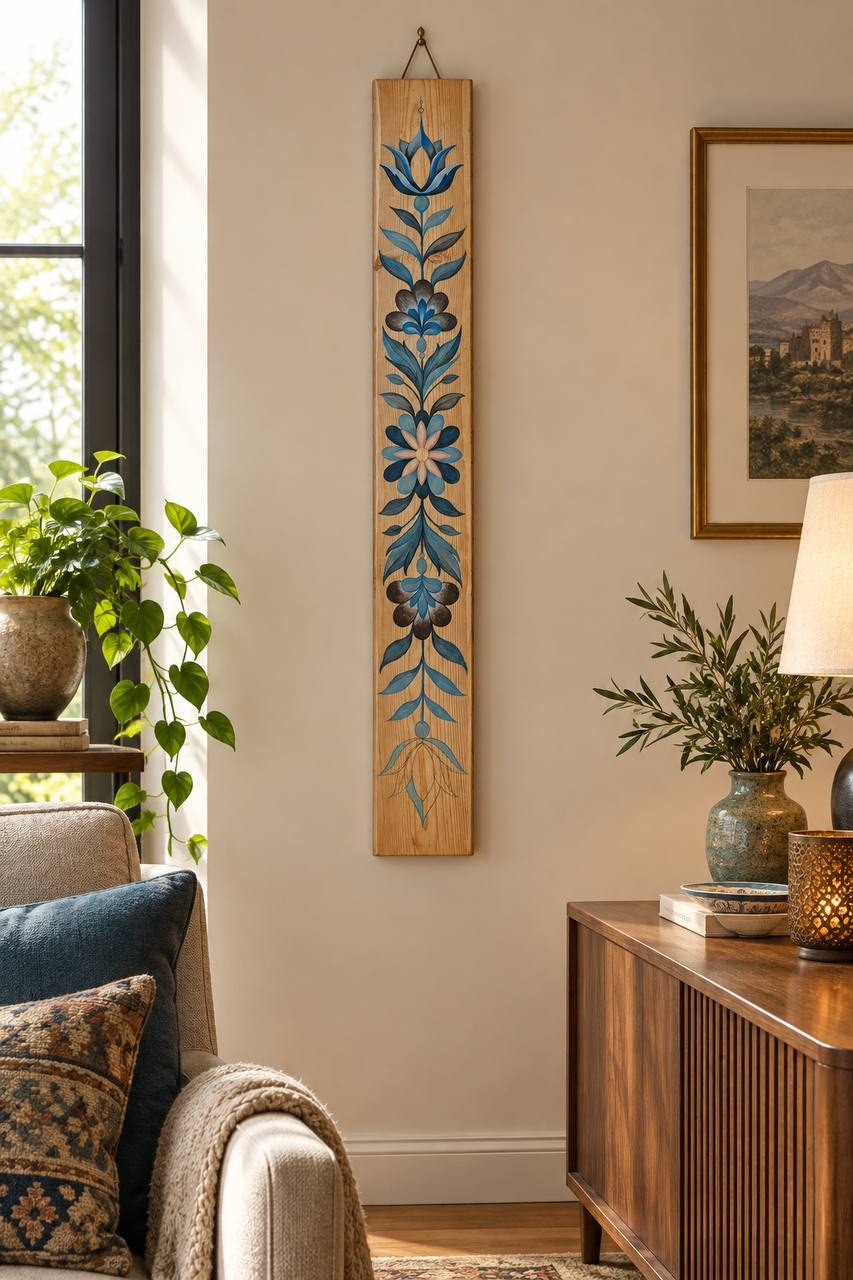 Hand-painted blue floral timber panel hanging on a living room wall
